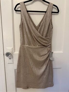 Ralph Lauren Metallic Taupe Sleeveless V-Neck Draped Mini Dress